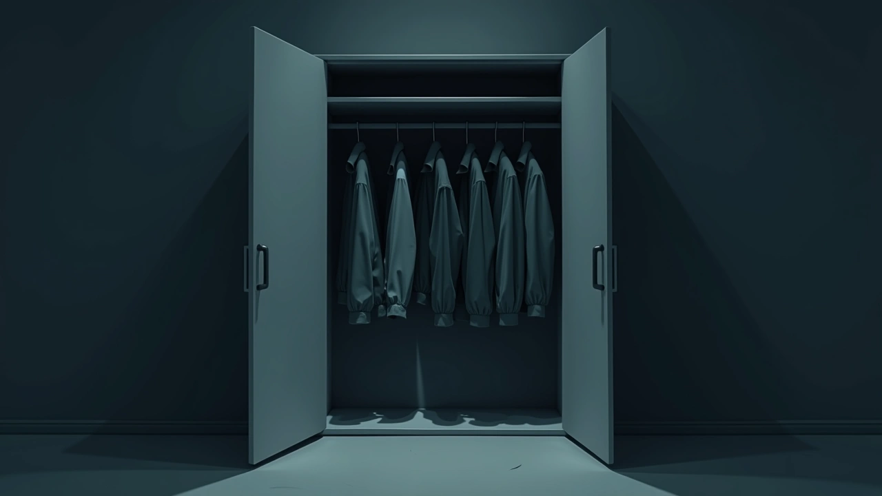 Illustration: an open closet full of hanging jackets in a dim bedroom.