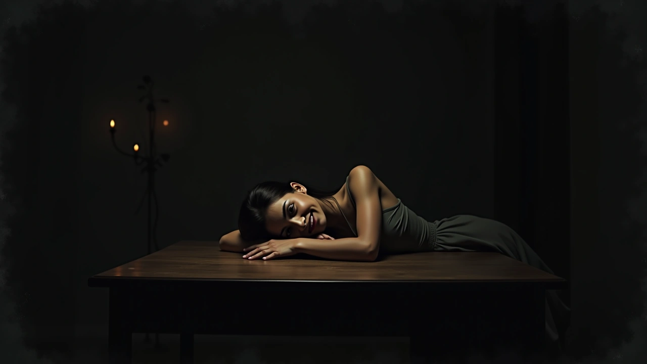 Illustration: a faded, decades-old photograph of a smiling woman resting on a wooden table in soft light.