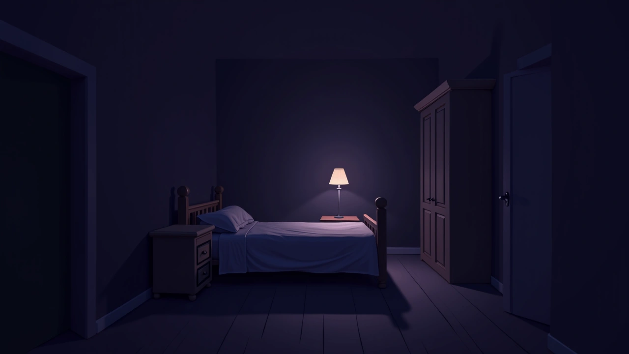 Illustration: a dark bedroom suddenly lit by a lamp switching on.