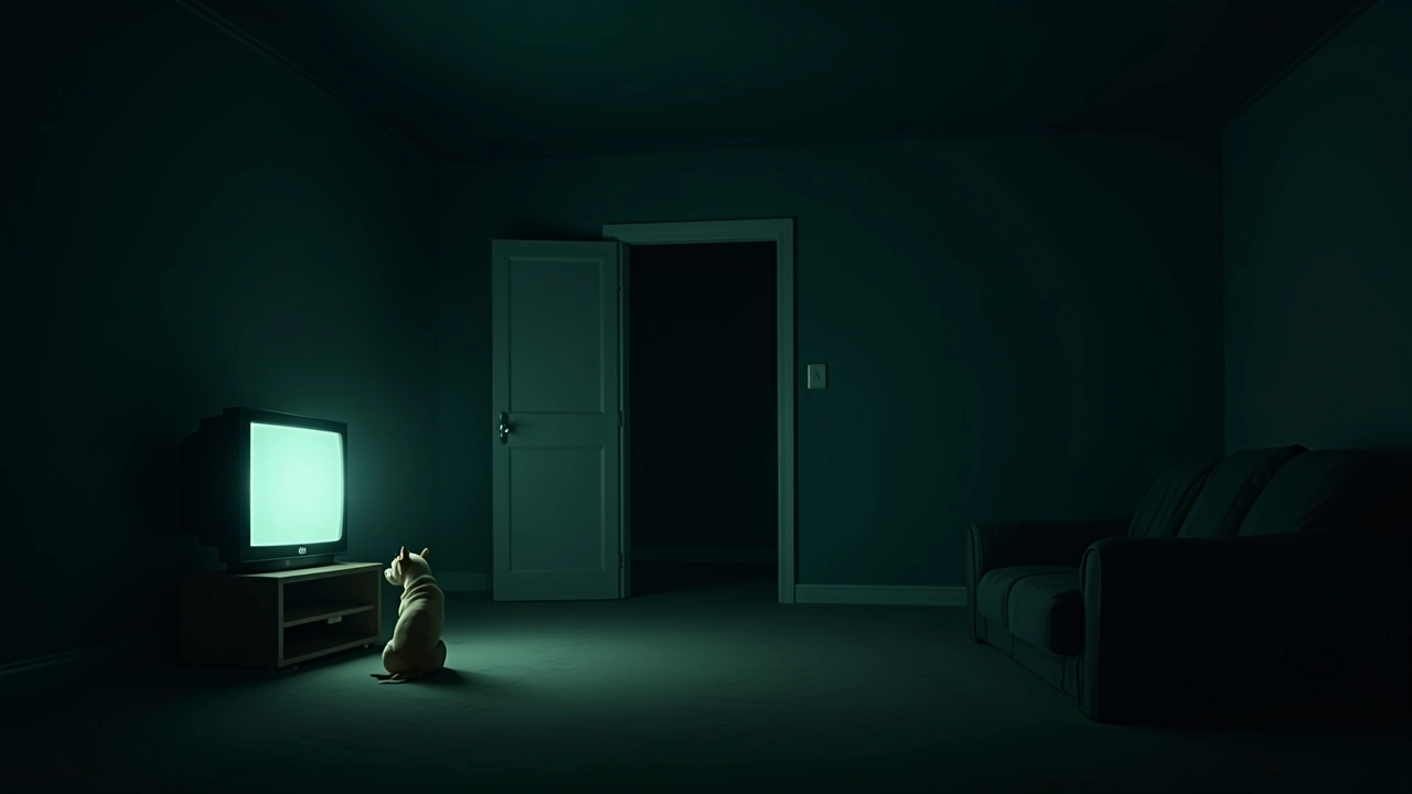Illustration: a dark living room lit by a TV's glow, a dog sitting alert nearby.