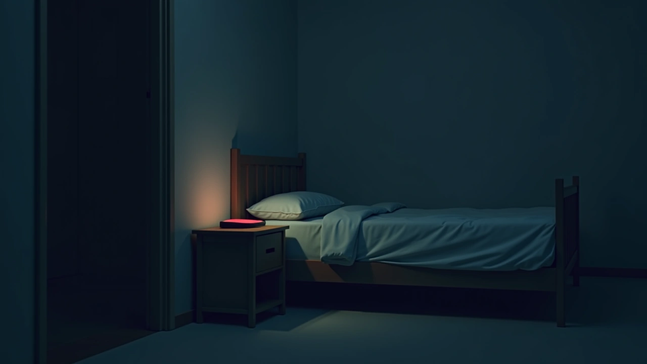 Illustration: A dim bedroom at night, a phone glowing red on the nightstand.