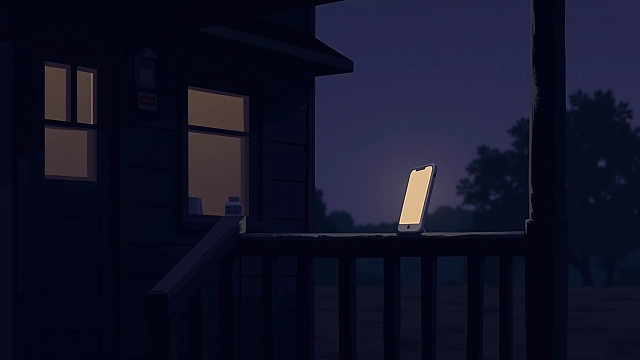 Illustration: A phone glowing on a porch railing outside a house at dusk.