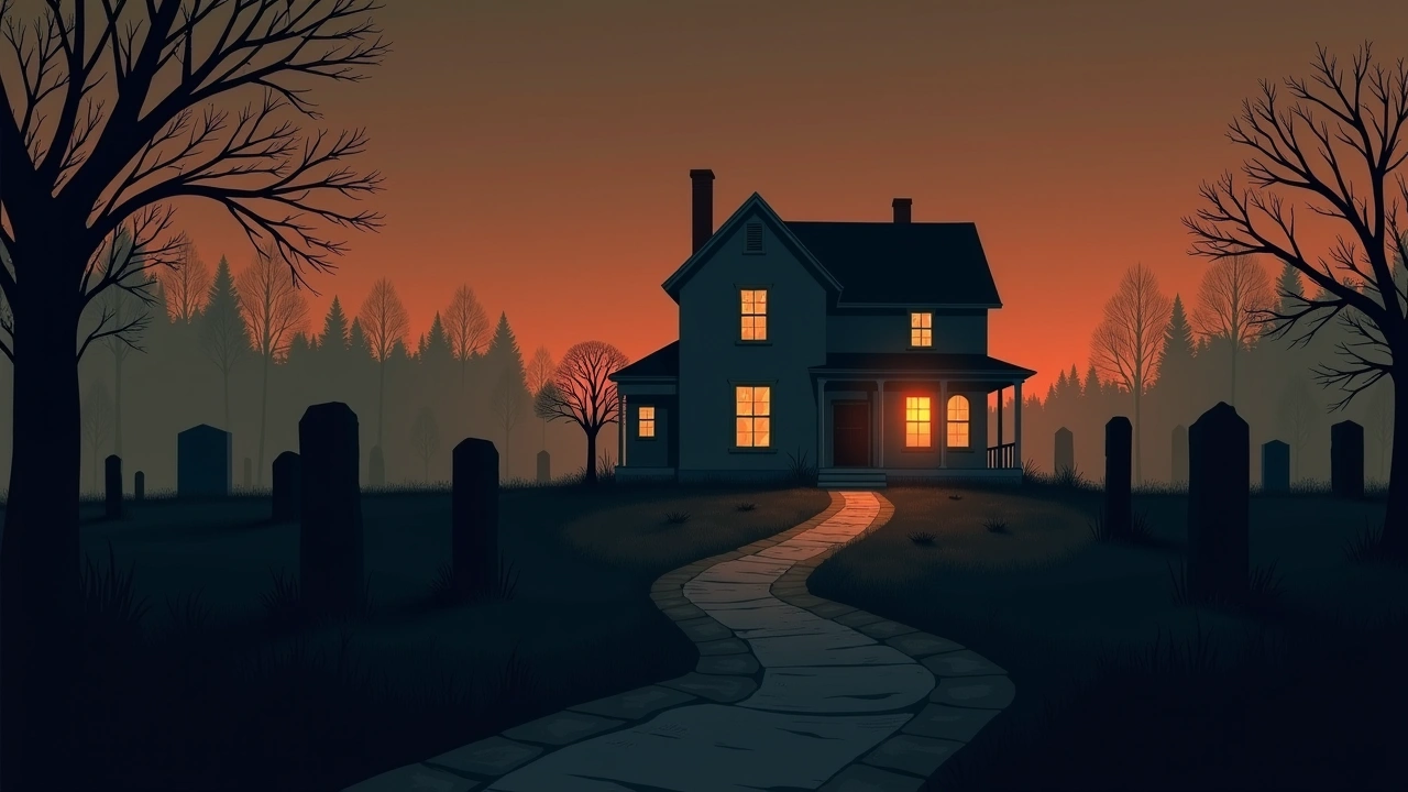 Illustration: a house facing a quiet cemetery at night.