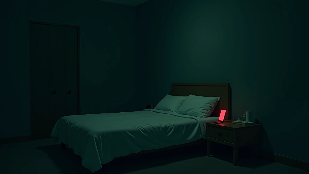 Illustration: a dim bedroom at night, a phone glowing red on a nightstand beside a bed.