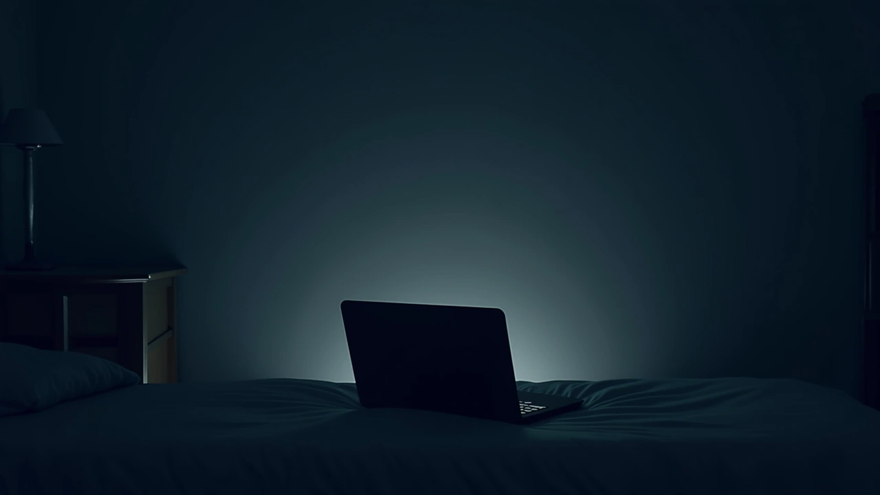 Illustration: a laptop playing a video in a dark bedroom.