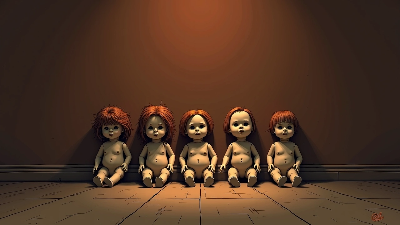 Illustration: a row of old childhood dolls sitting on a bedroom floor.