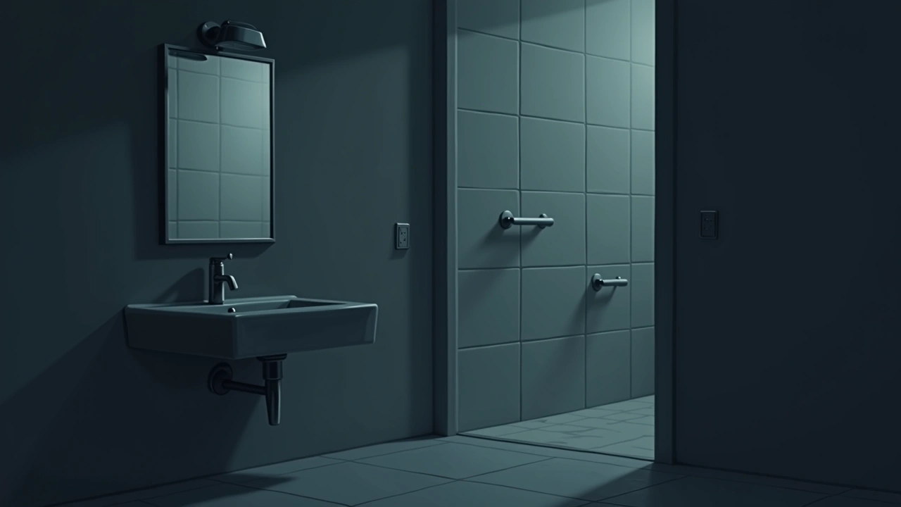 Illustration: a dim bathroom mirror at night reflecting an empty tiled wall.