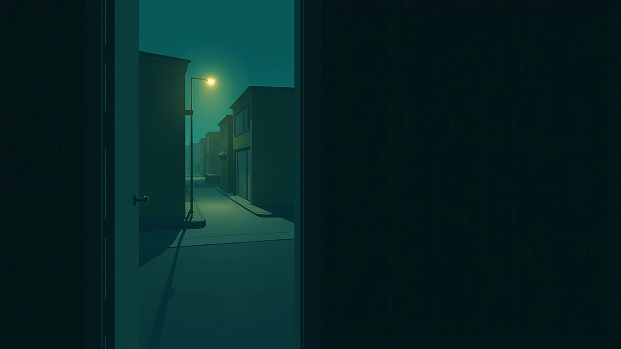 Illustration: A dimly lit residential street at night, and a half-open closet with a folded shirt inside.