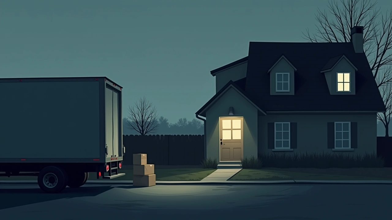 Illustration: A moving truck parked outside a house at dusk, boxes stacked near the front door.
