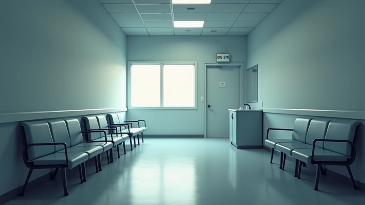 Illustration: an empty OB/GYN clinic waiting room, soft afternoon light.