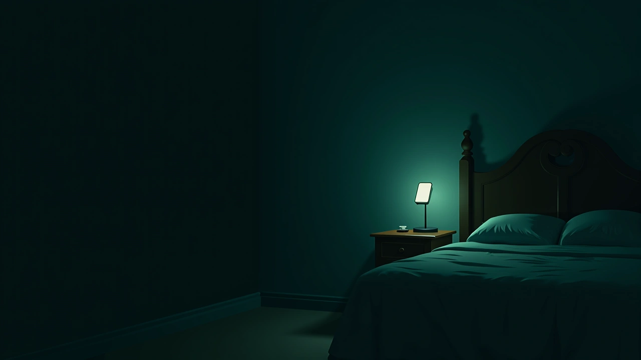 Illustration: a smartphone glowing on a bedroom nightstand at night.