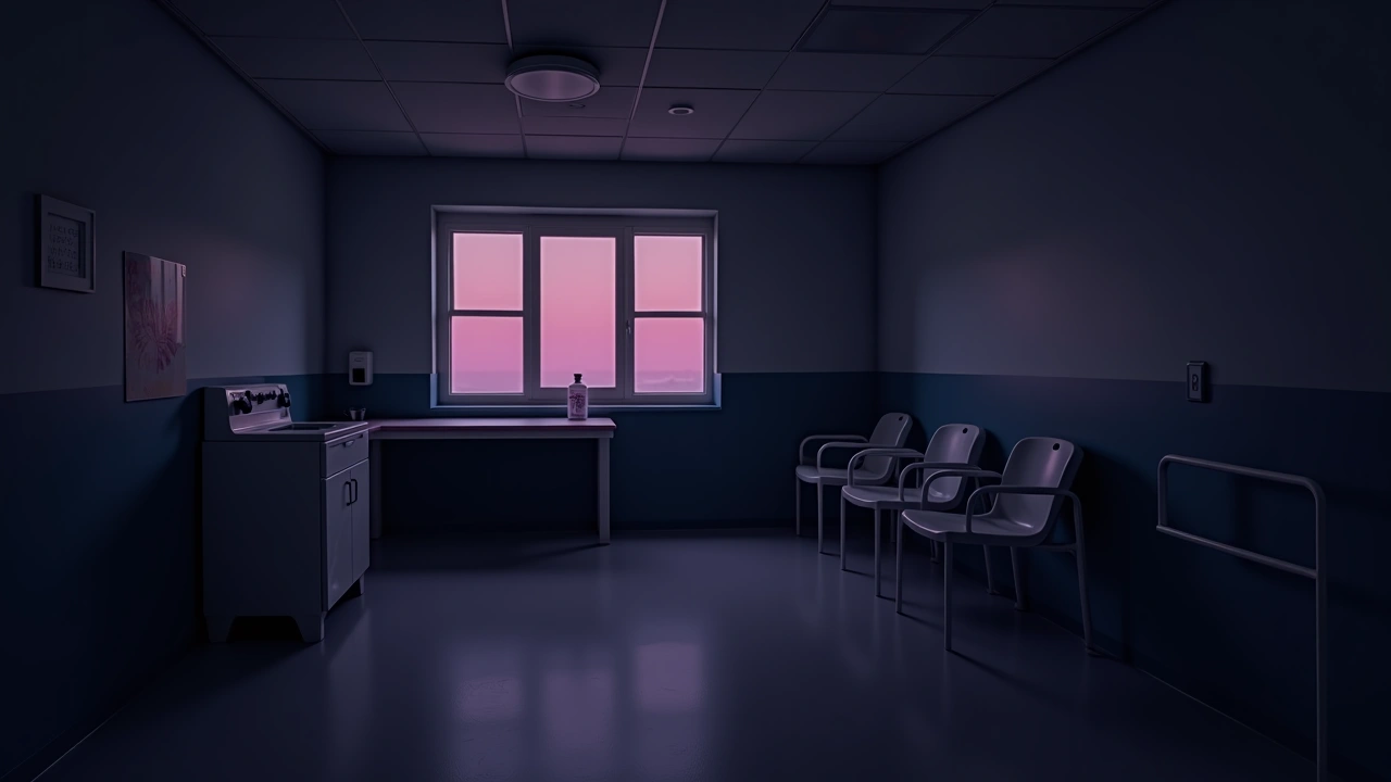 Illustration: a dim break room in a nursing home at four in the morning.