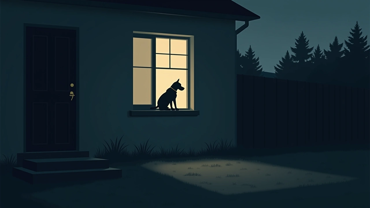 Illustration: a dog staring in through a window from a dark yard at night.