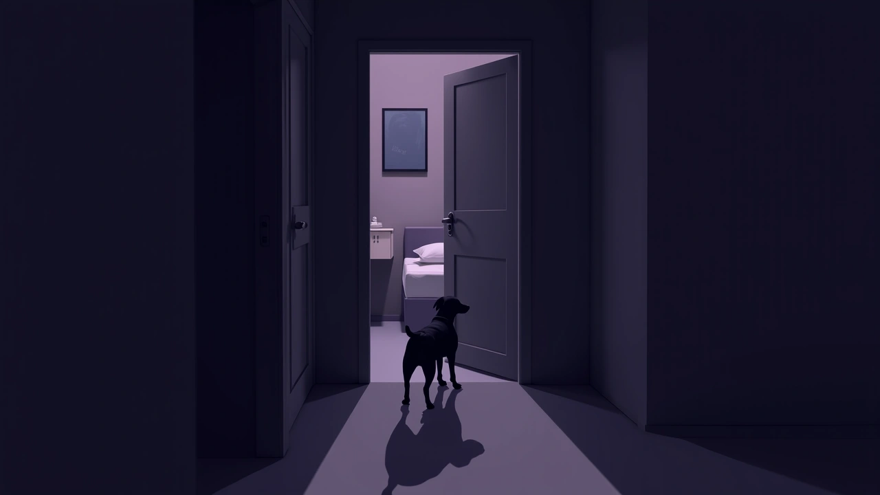 Illustration: a hallway leading toward a bedroom and bathroom, a dog looking back from the doorway.