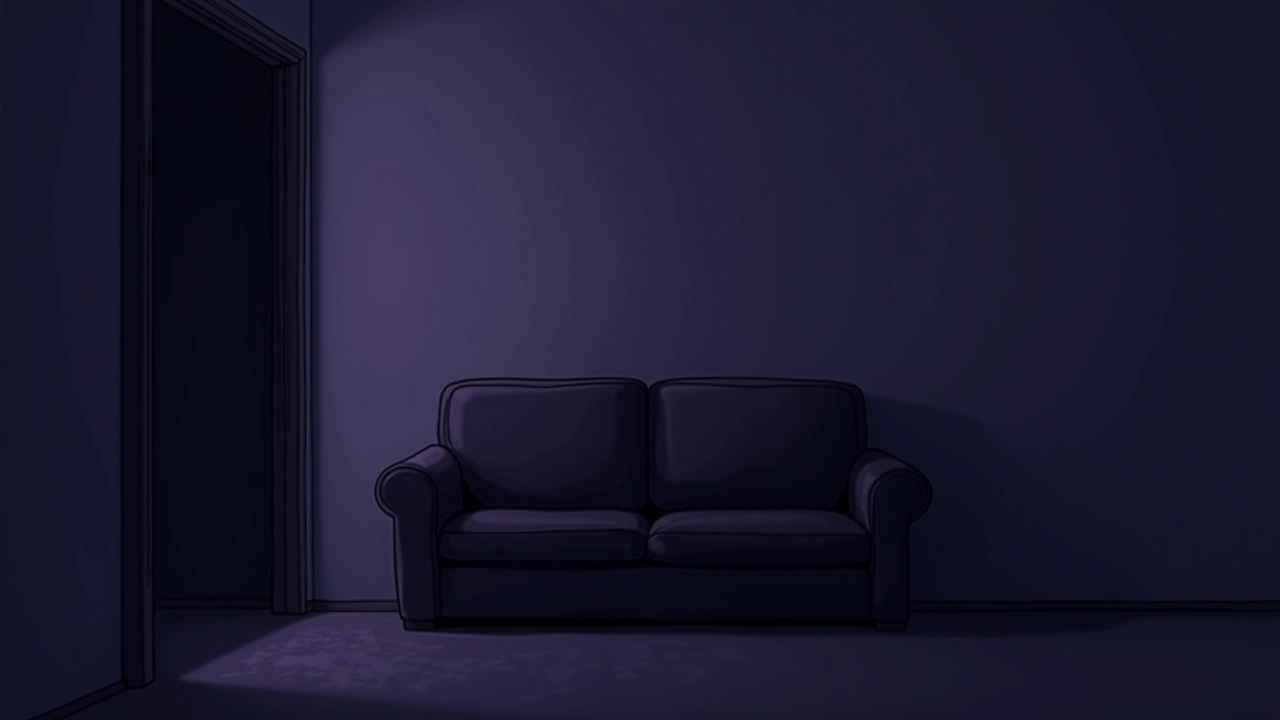 Illustration: a living room couch in dim evening light.