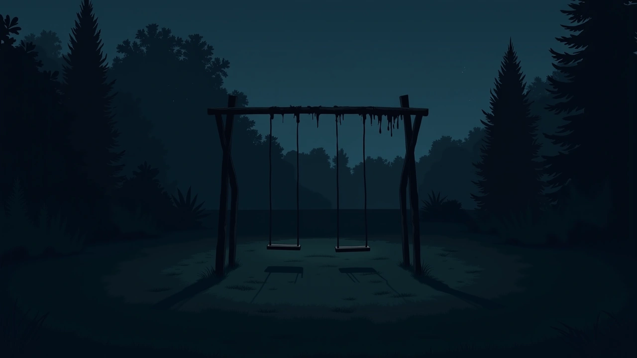Illustration: A swing set in a front yard on a gray, overcast day.