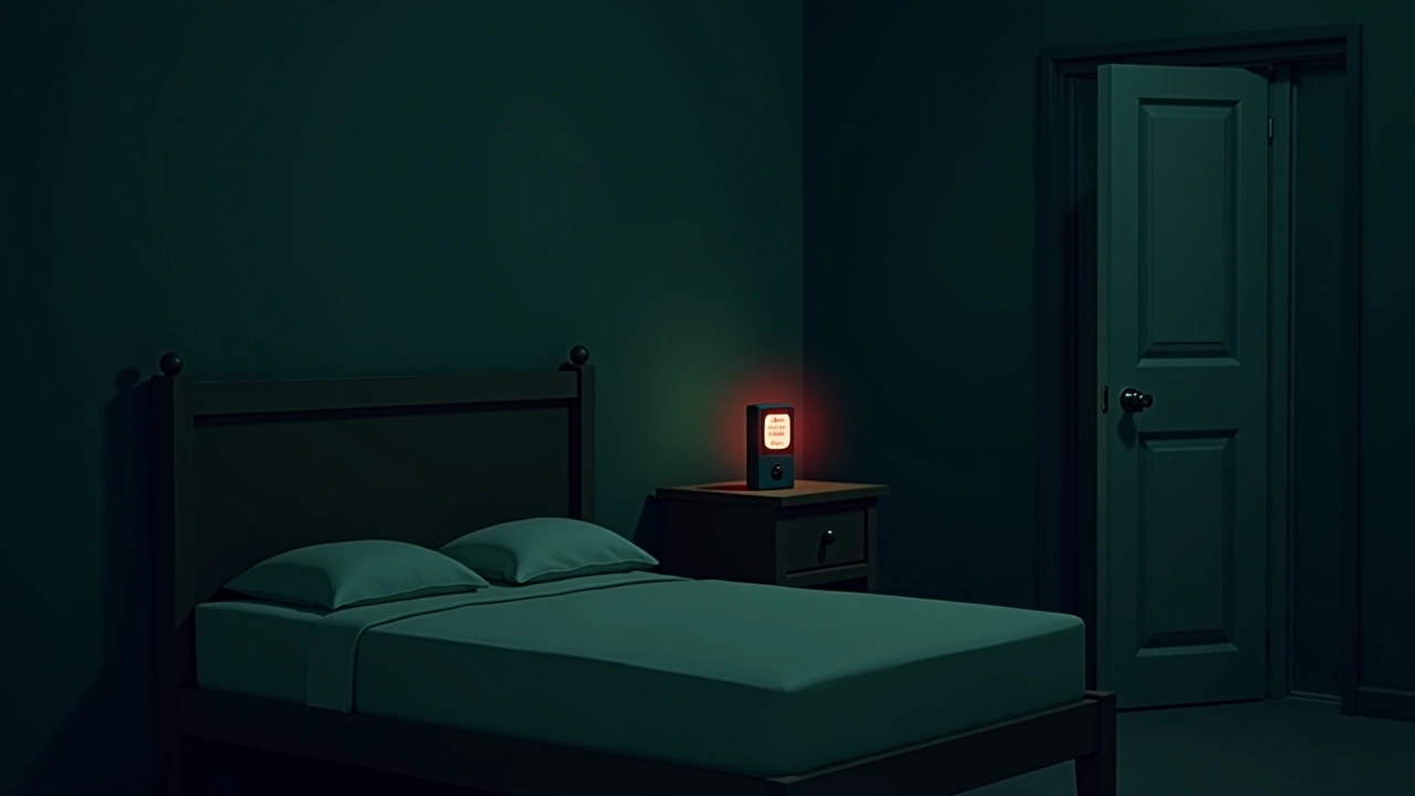 Illustration: a quiet bedroom at dusk, a meter glowing bright red on a nightstand.