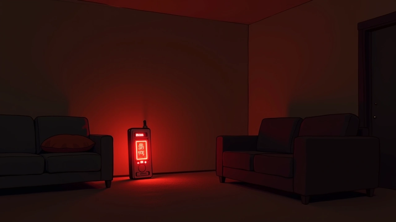 Illustration: An EMF meter maxing out and glowing red in a dim living room among friends.
