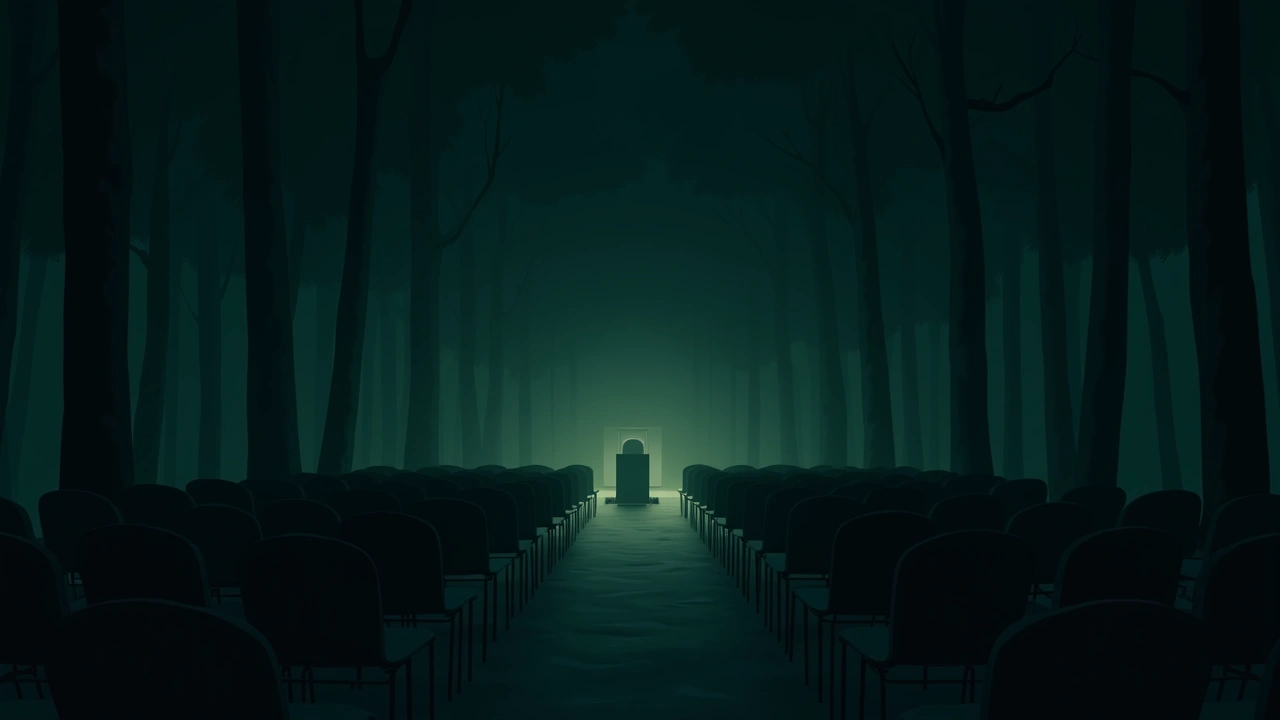 Illustration: a community centre hall at night, rows of empty chairs.