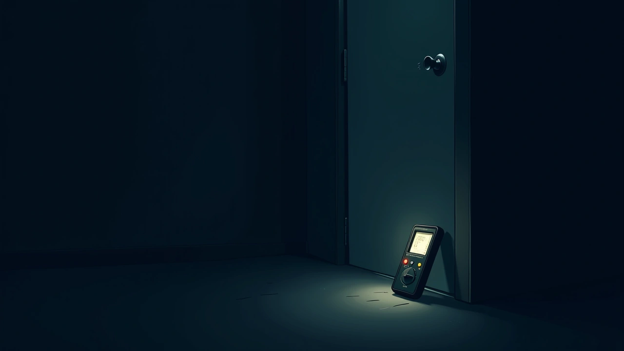 Illustration: An EMF meter and K2 meter glowing during a nighttime investigation in an empty room.