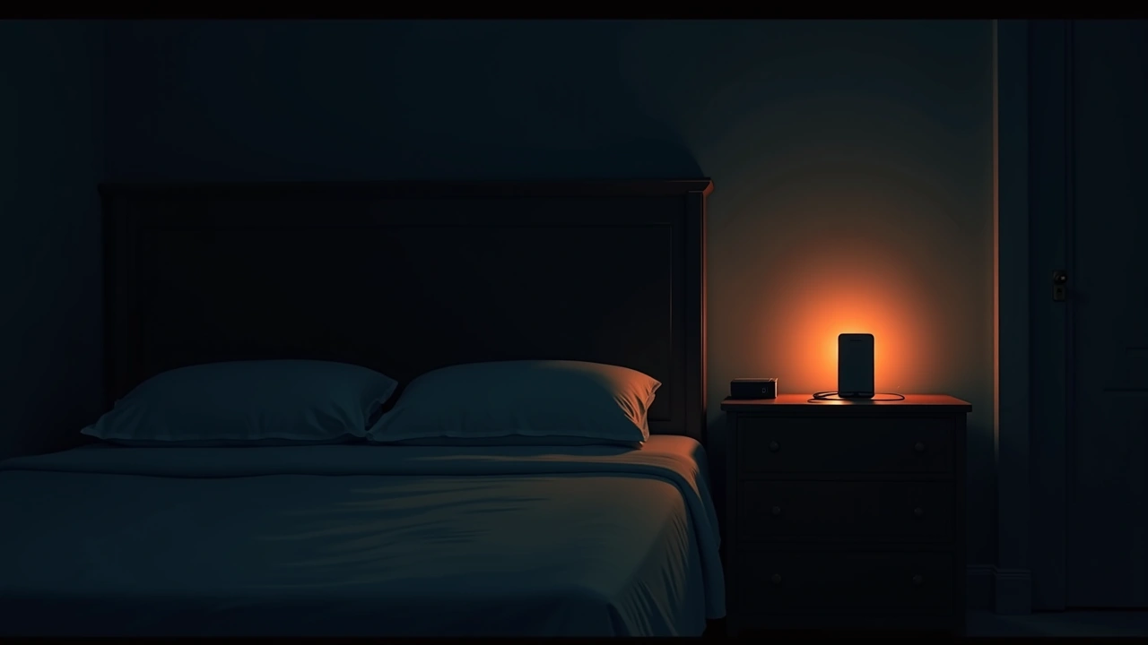 Illustration: a bedroom mid-cleaning with a phone glowing on a nightstand in the corner.