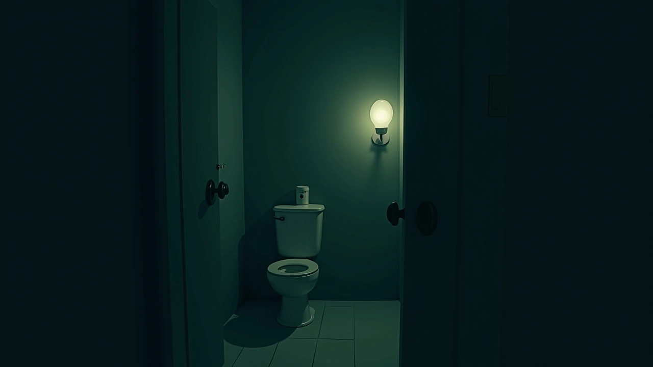 Illustration: A dim bathroom at night lit only by a nightlight.