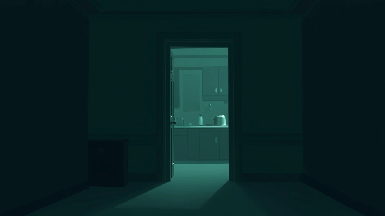 Illustration: A dim kitchen doorway seen from a dark hallway at night.