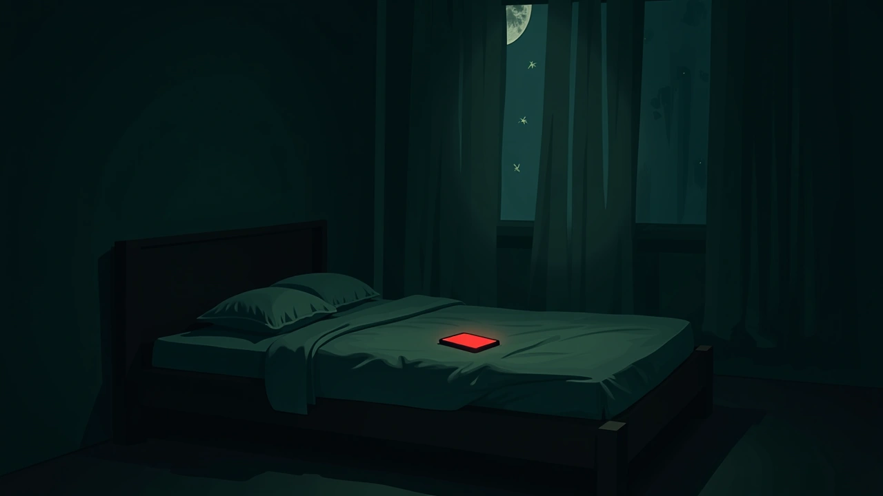 Illustration: A dimly lit bedroom at night, red light glowing from a phone screen on the bed.
