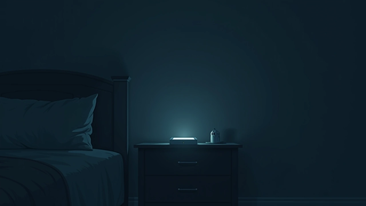 Illustration: a dim room at night, a small handheld device glowing faintly on a nightstand.