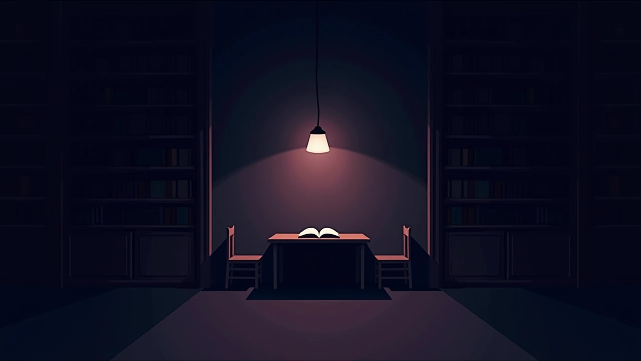 Illustration: a quiet library reading nook lit by a single dim lamp at night.