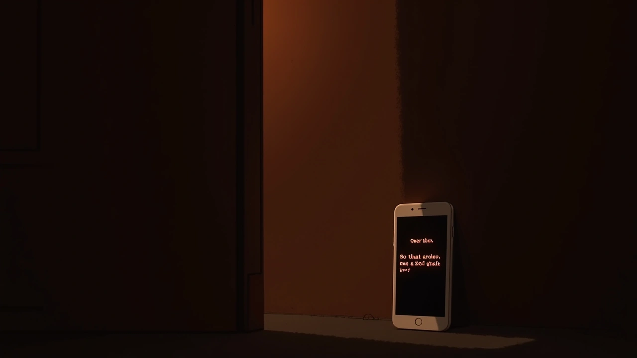 Illustration: a smartphone screen glowing in a dim room, displaying a short message.