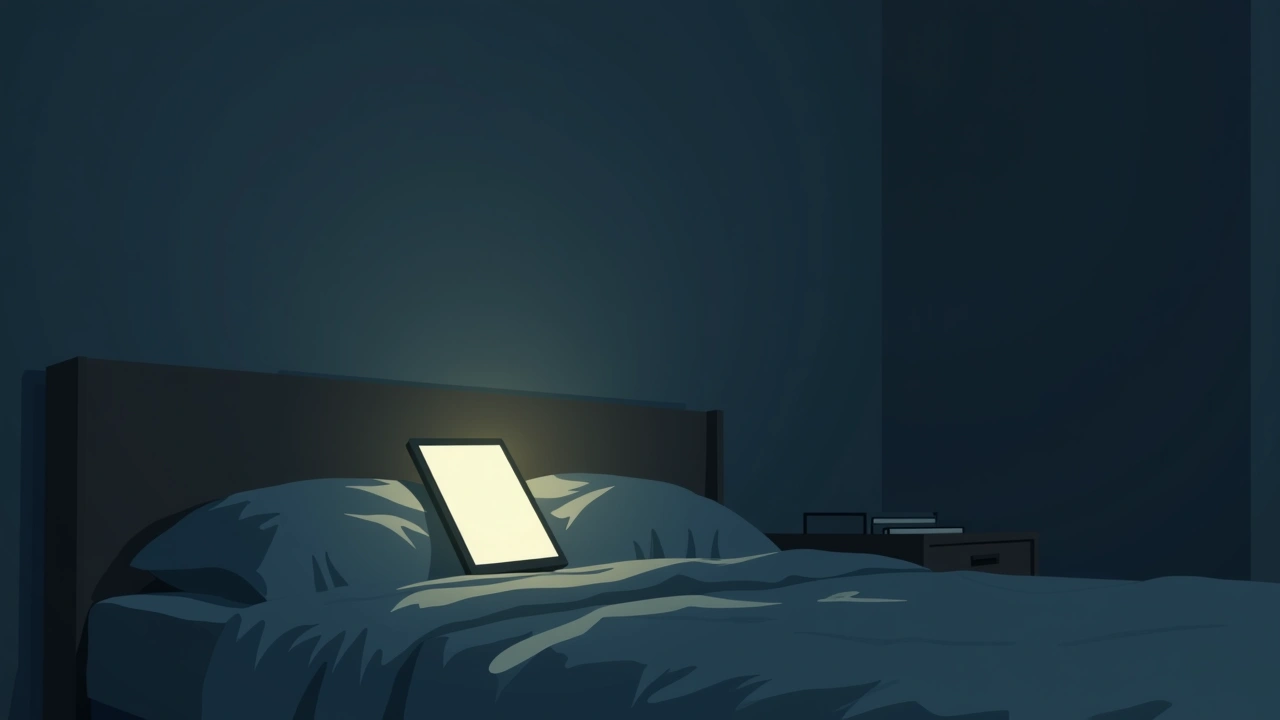 Illustration: a smartphone screen going dark in a dim bedroom.