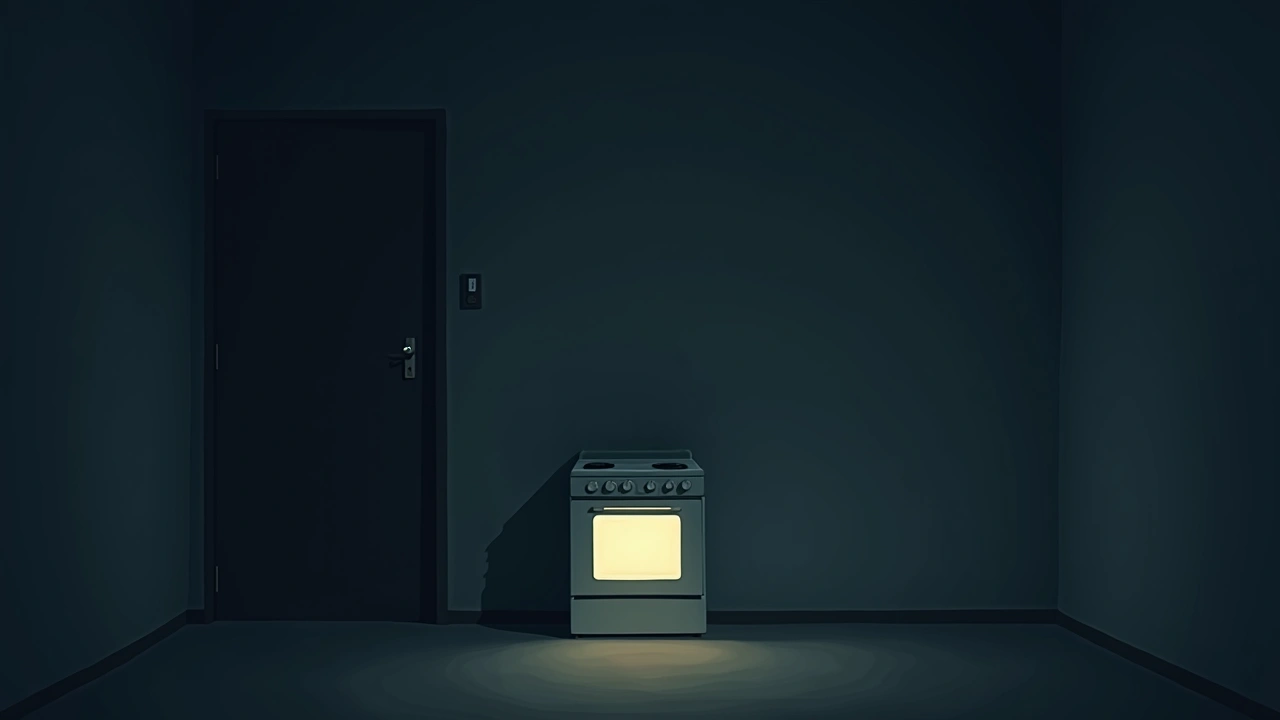 Illustration: a kitchen oven glowing faintly in a dark room.