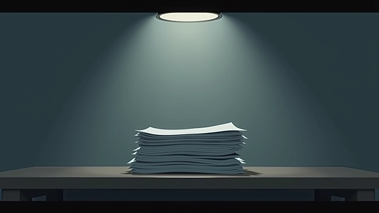 Illustration: a stack of papers on a table at home, dimly lit.