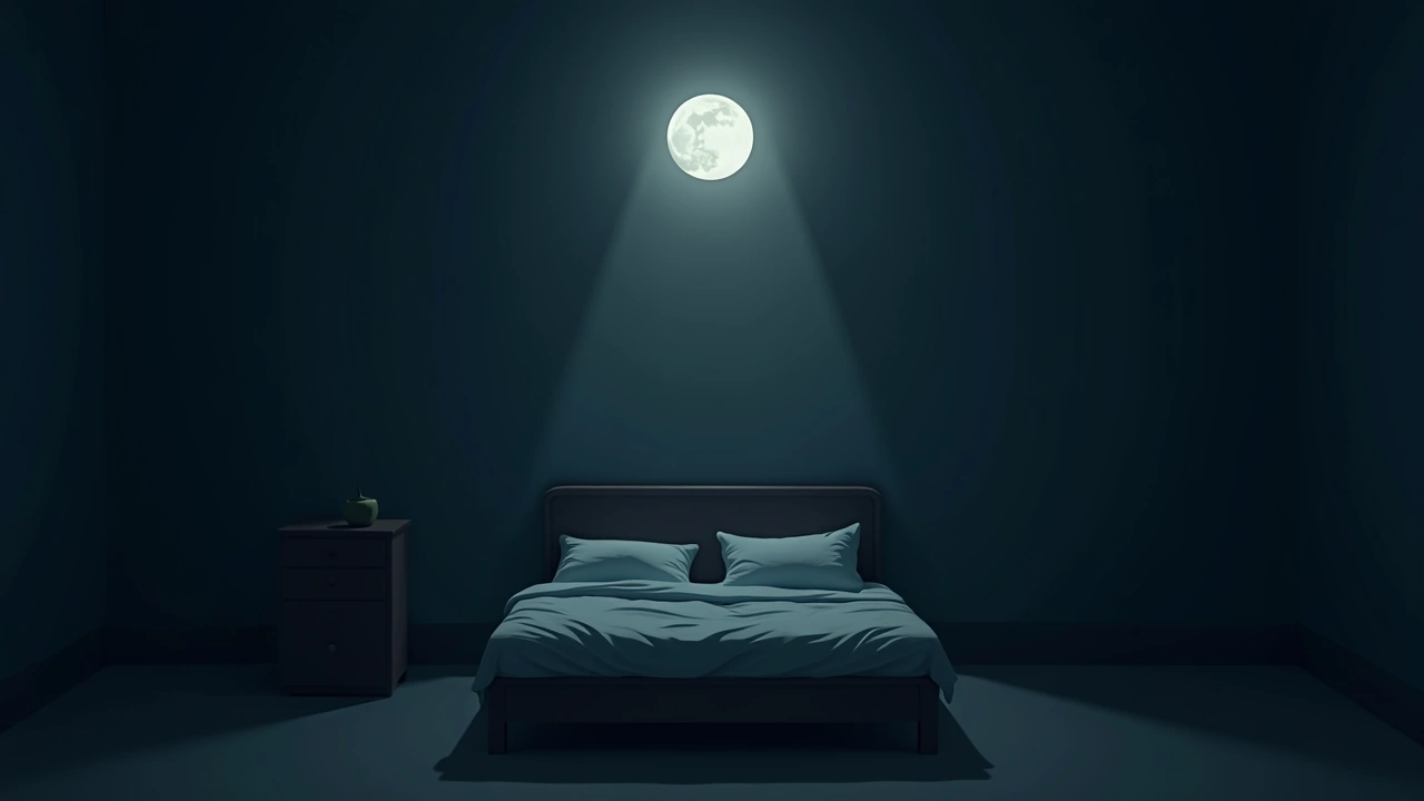 Illustration: a shadowy bedroom at night, moonlight falling across an empty bed.