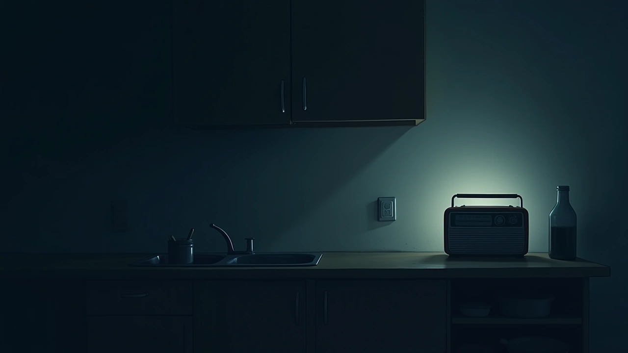 Illustration: an old radio on a kitchen counter in a dark kitchen.