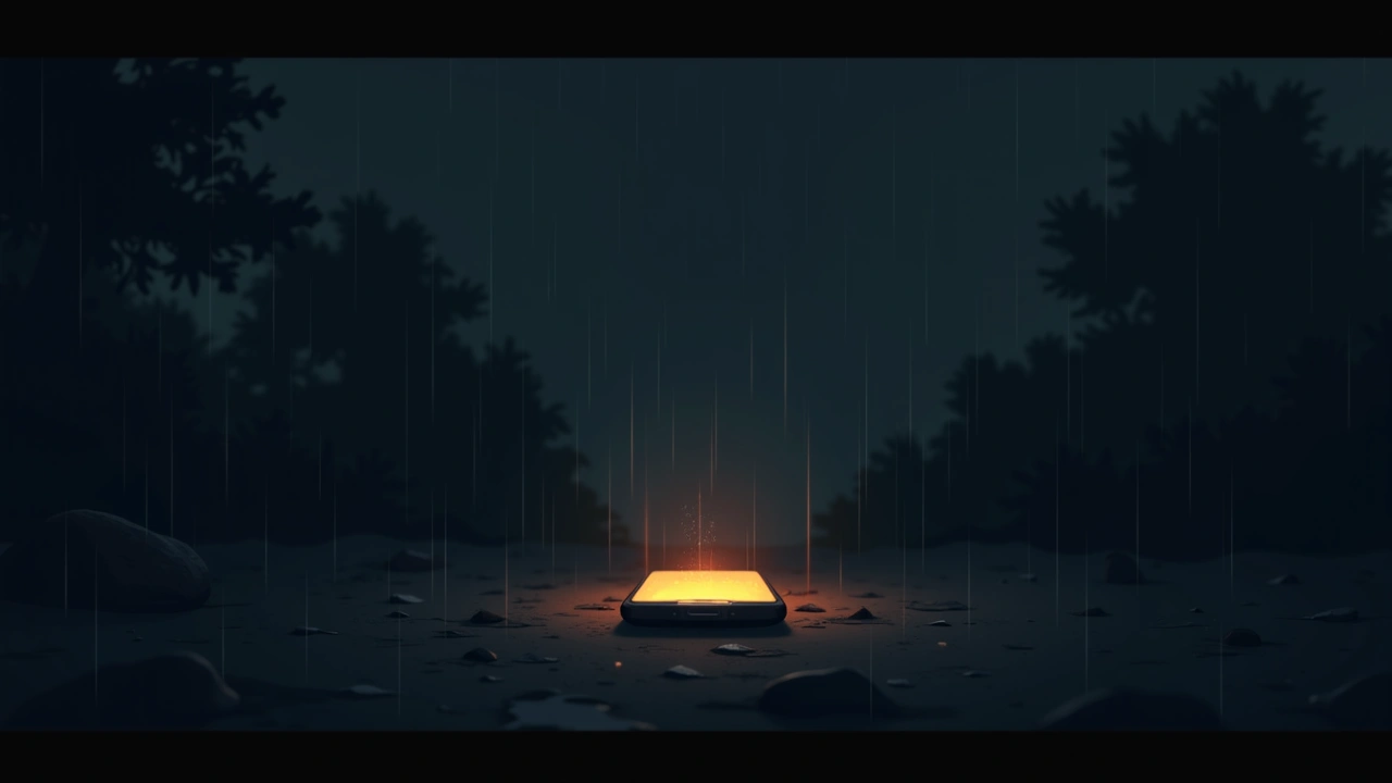 Illustration: a phone screen glowing outdoors in the rain.