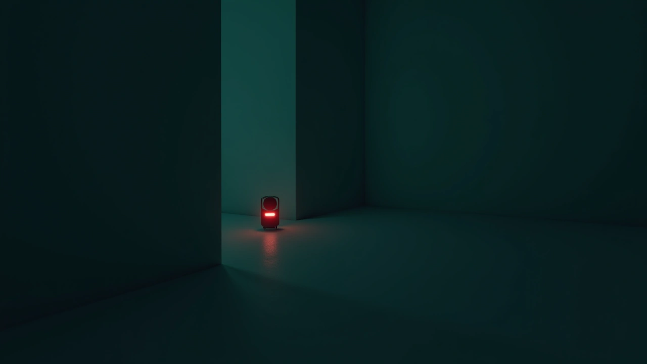 Illustration: A small handheld device glowing red in a dark room.
