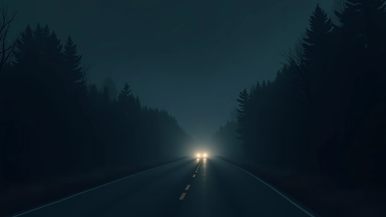 Illustration: a quiet road at night seen through a window.