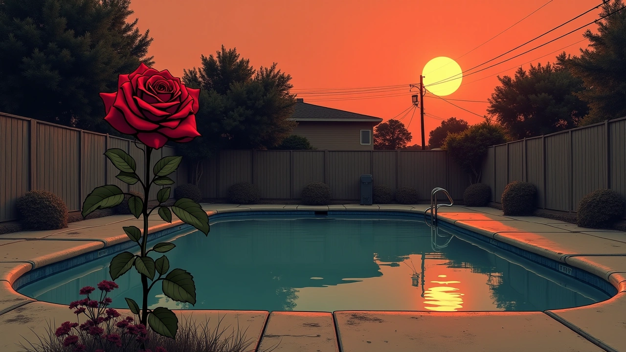Illustration: A rose sketched in red ink beside a sunlit backyard swimming pool.