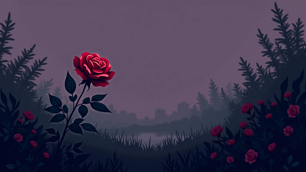 Illustration: a single red rose growing on a pink rosebush in a garden.