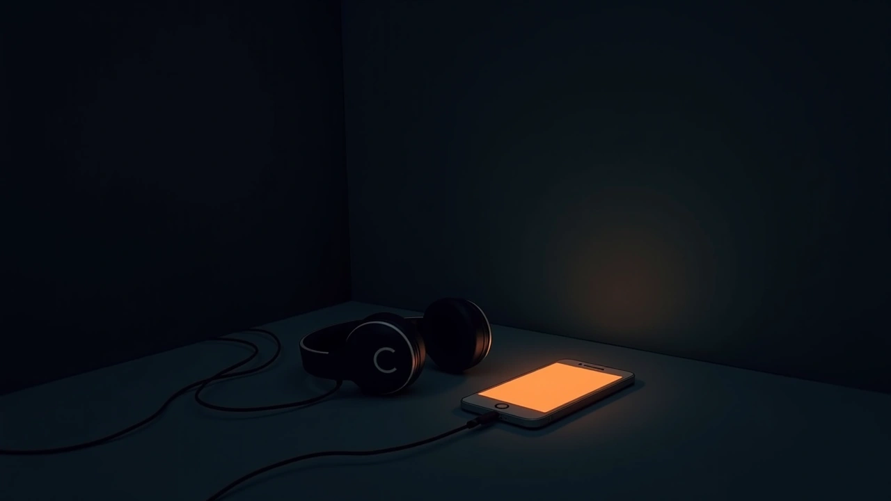 Illustration: a pair of headphones resting beside a glowing phone screen in a dark room.