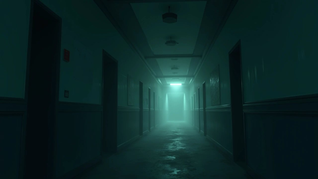 Illustration: an abandoned old school building's upper floor hallway at night.