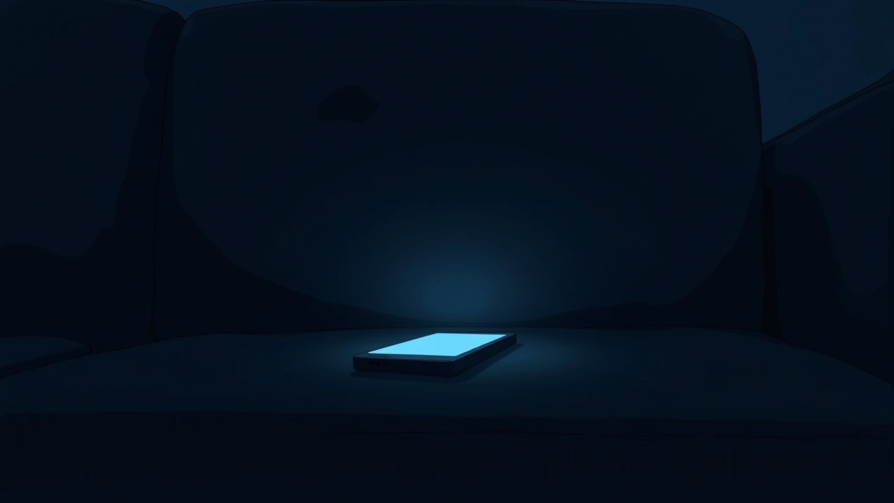 Illustration: a phone left glowing on a couch in a dim room.