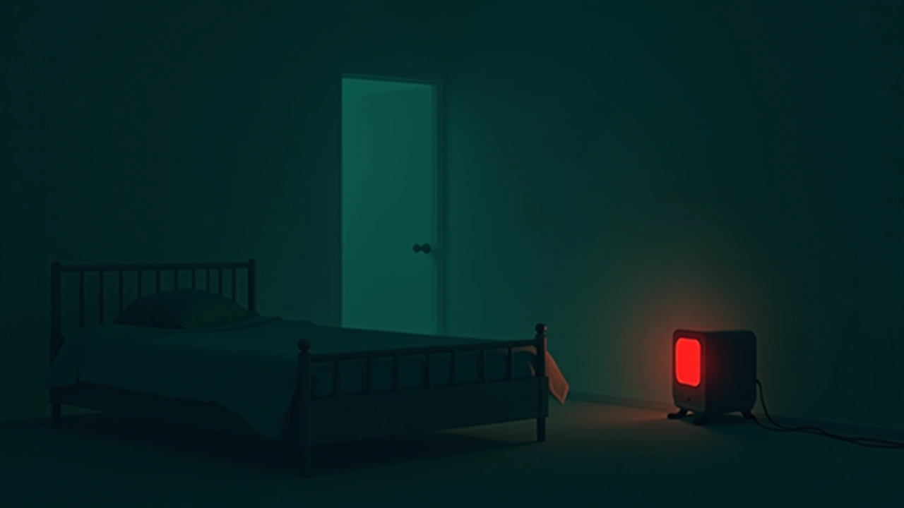 Illustration: a bedroom with a device glowing red in the dark.