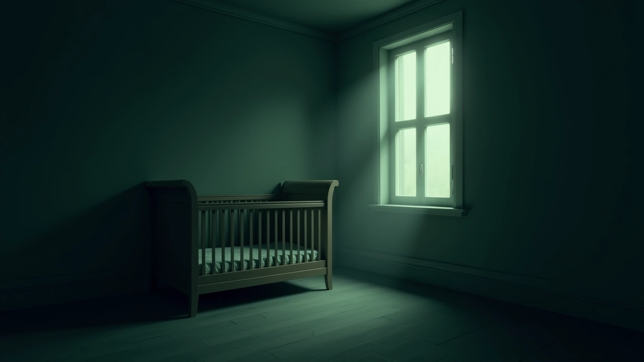 Illustration: a nursery in soft morning light, an empty crib in the corner.
