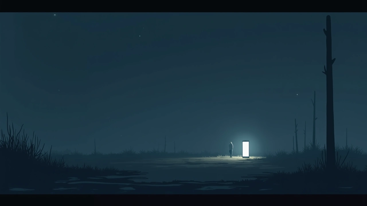 Illustration: an empty patch of ground outdoors at night, lit only by a phone screen's glow.