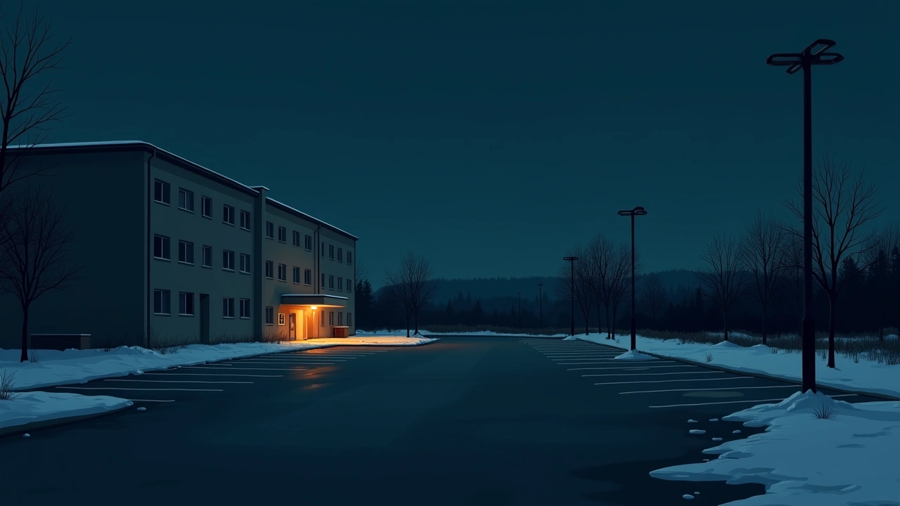 Illustration: a hospital parking lot under a clear blue sky, snow just beginning to fall.