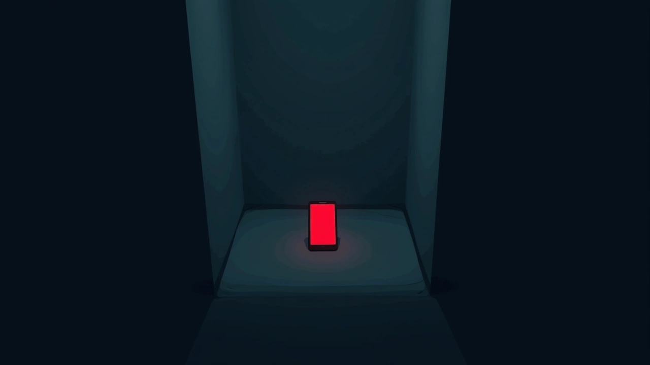 Illustration: a phone screen glowing red mid-scan in a dark room.