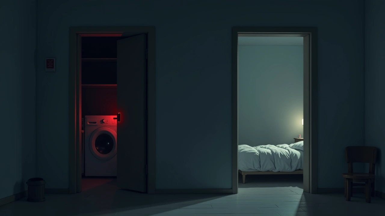 Illustration: a dark laundry room glowing red on a ghost-hunting meter, with a bedroom nearby lit by a single lamp.
